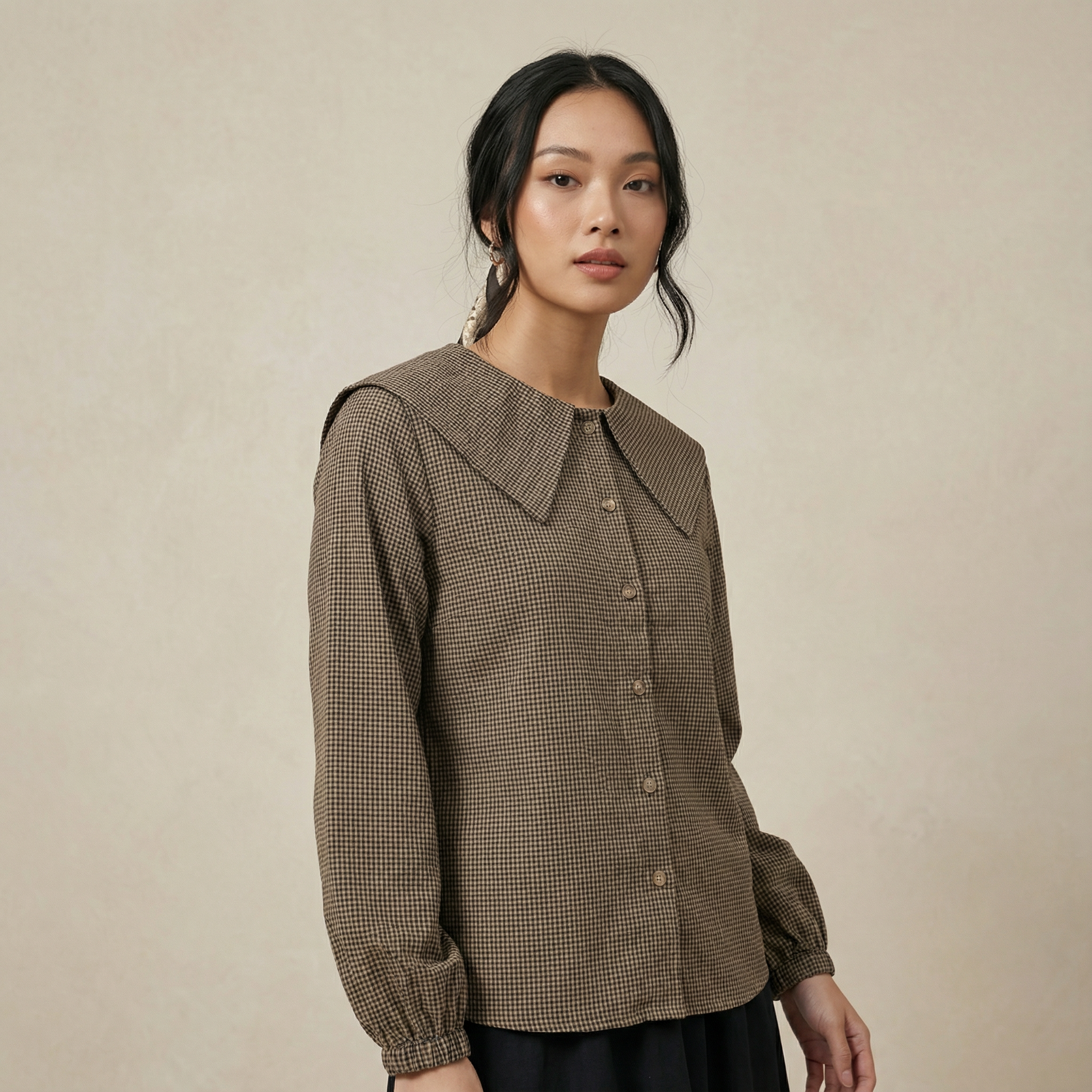 Bib Collar Checkered Blouse