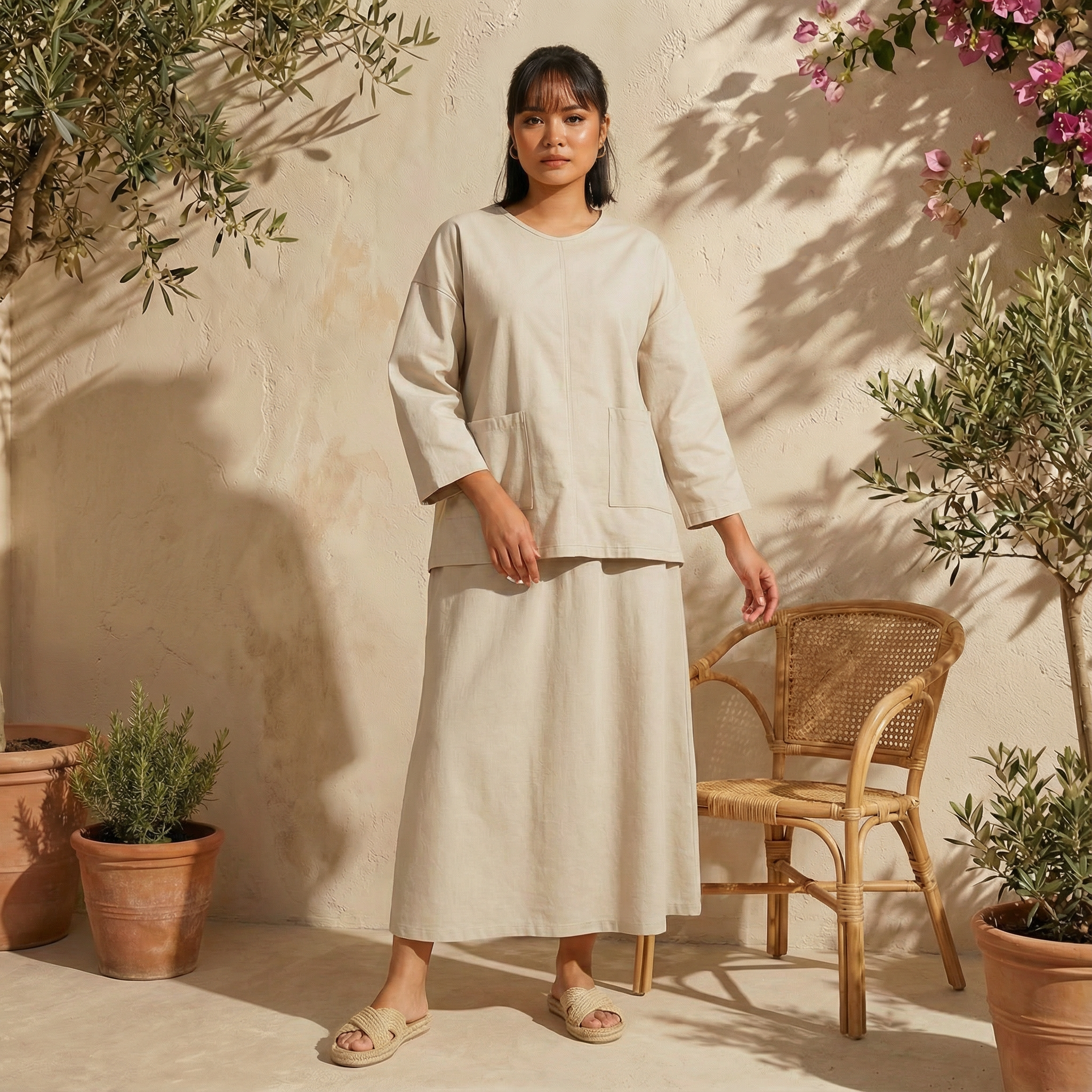 Ladies Front Pockets Linen Set