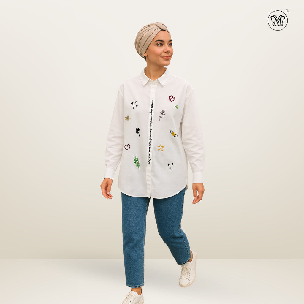 Ladies Embroidered White Button-Up Shirt