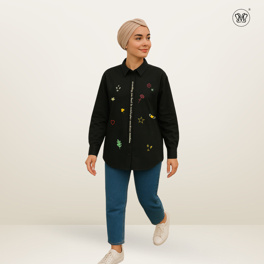 Ladies Embroidered White Button-Up Shirt