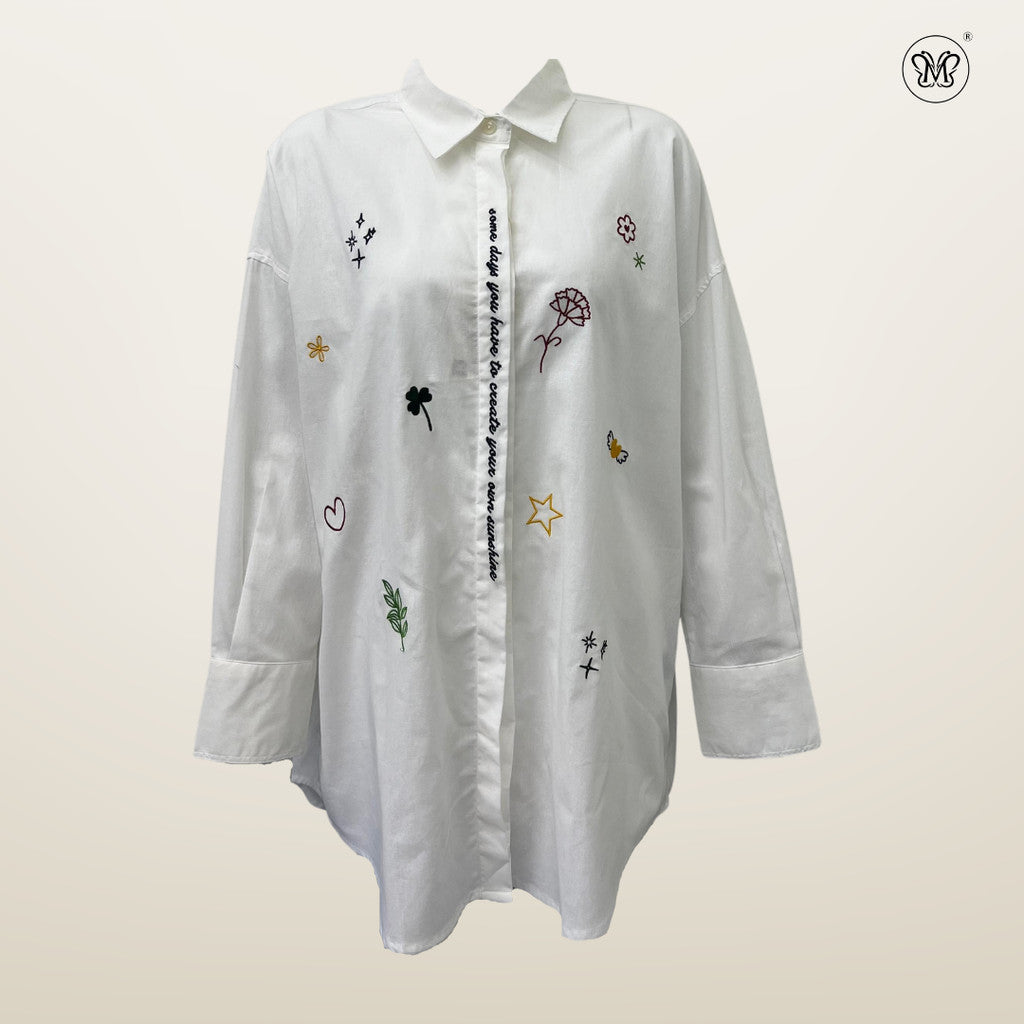 Ladies Embroidered White Button-Up Shirt
