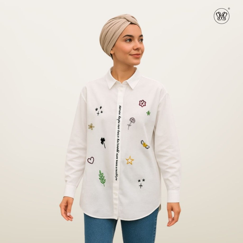 Ladies Embroidered White Button-Up Shirt