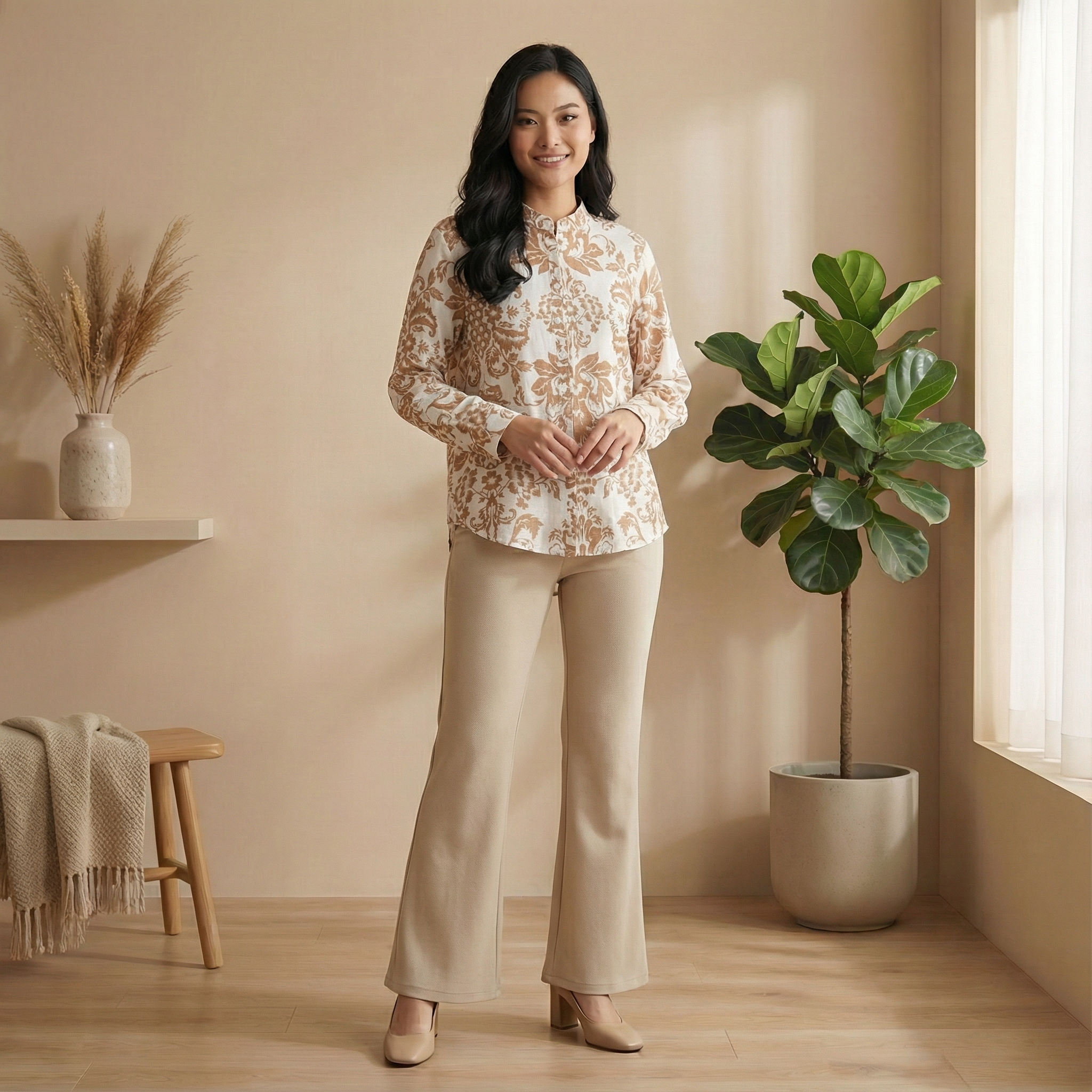 Ladies Printed Button Cuff Blouse