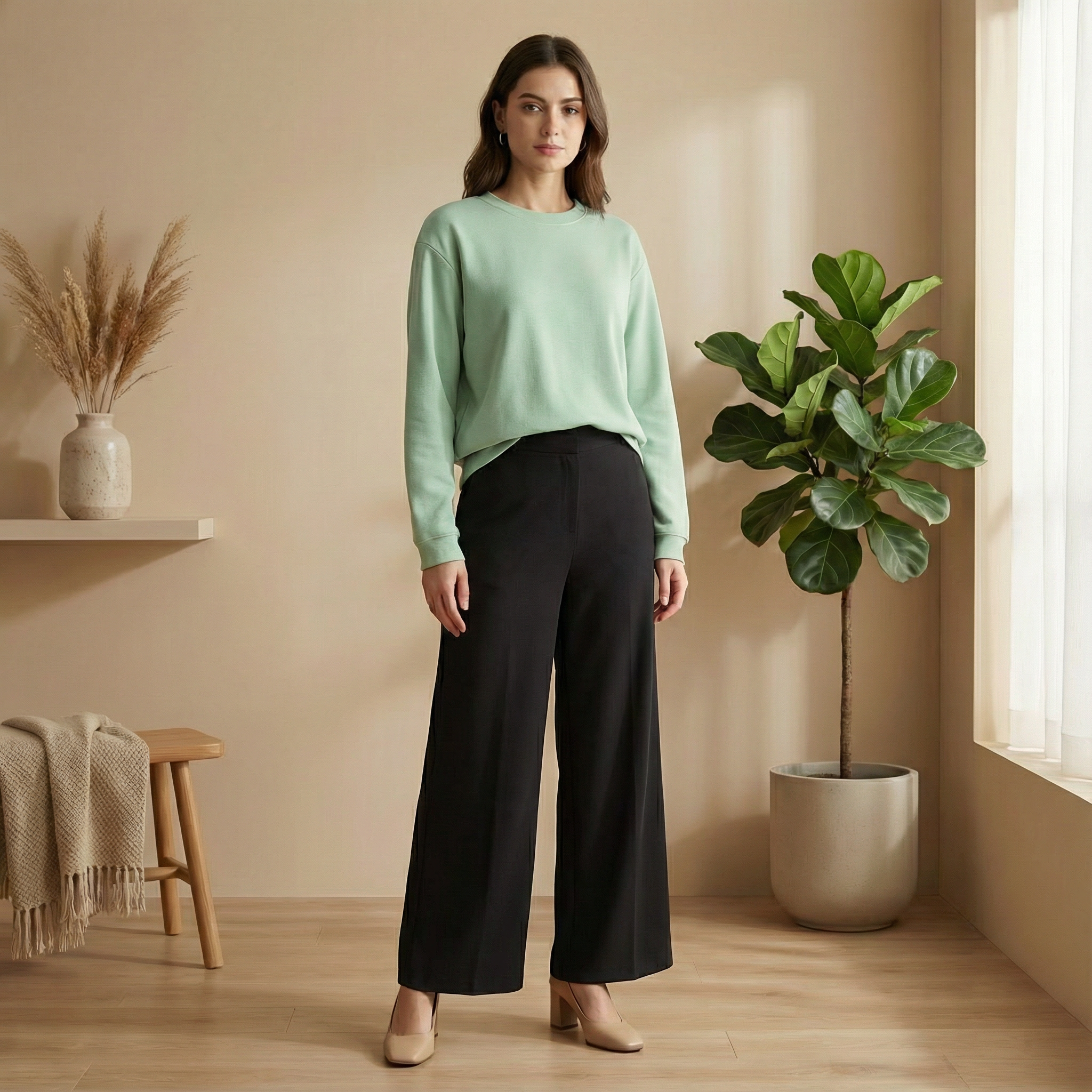 Ladies Sweatshirt Ribbed Cotton Blend