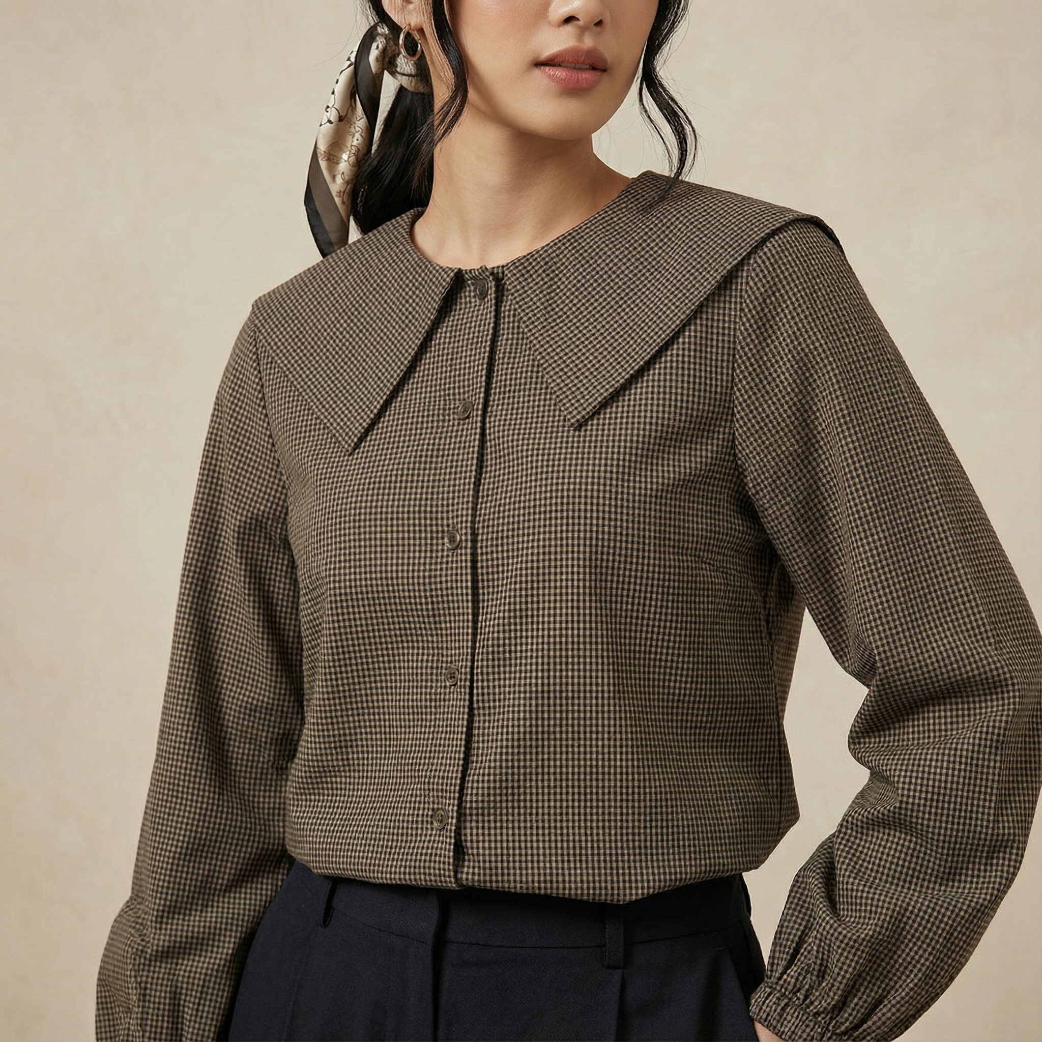 Bib Collar Checkered Blouse