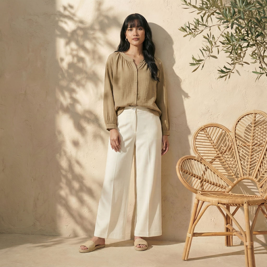 V-Slit Round Neck Blouse