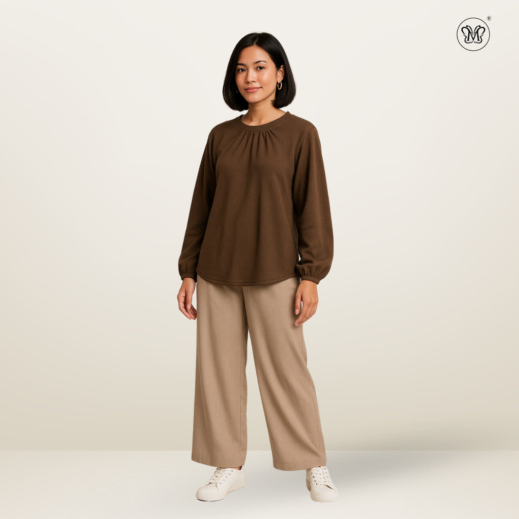 Long Sleeve Blouse with Gathered Neckline