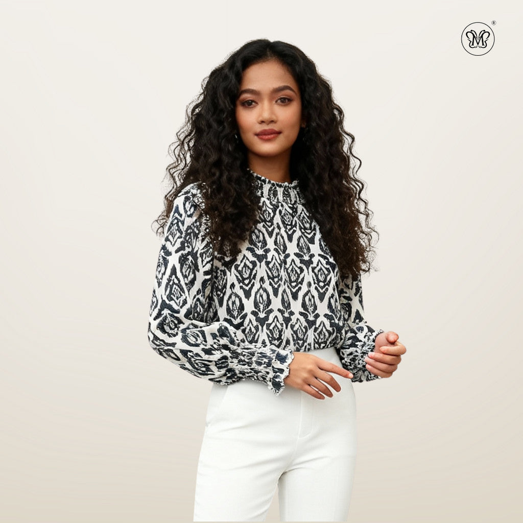 Printed Smocked Collar Blouse