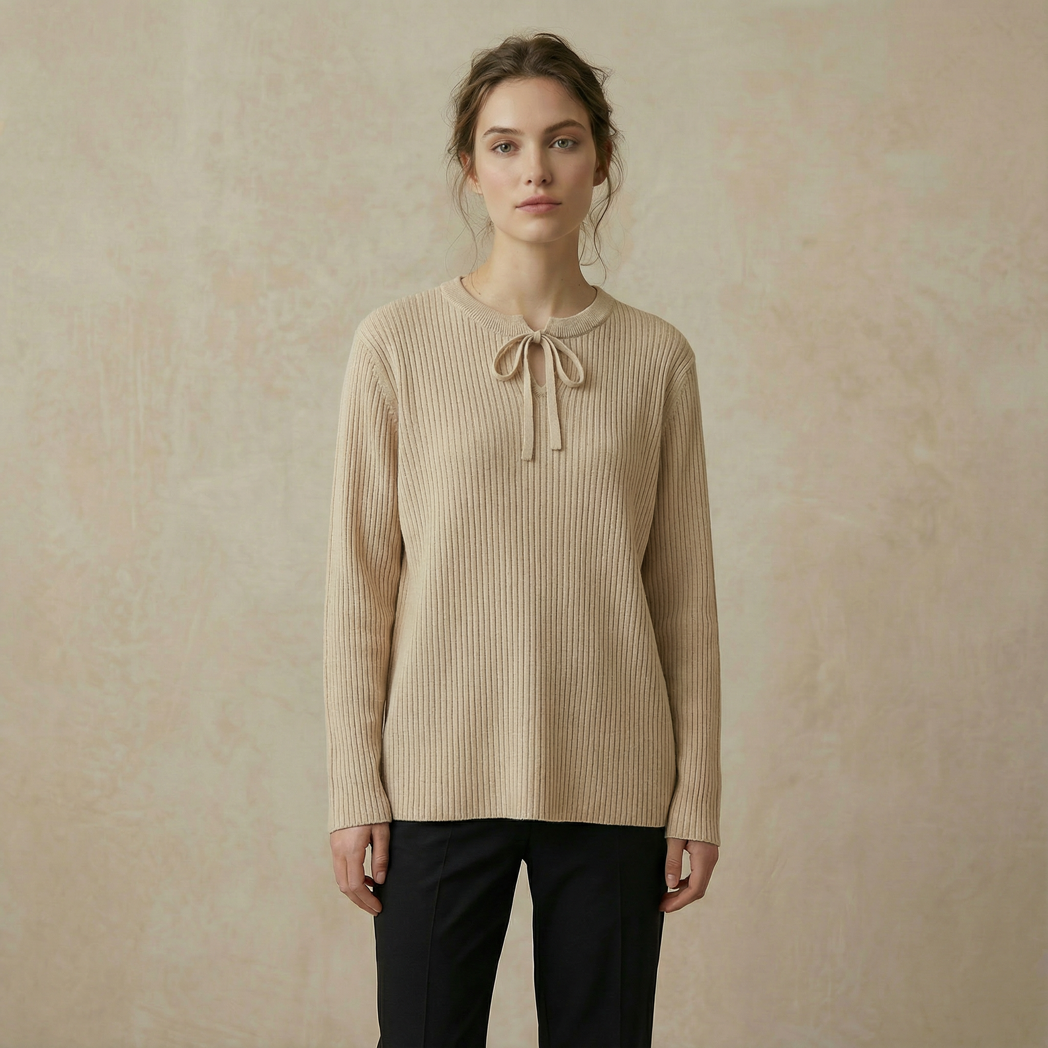 Ribbed Knit Tie-Neck Top