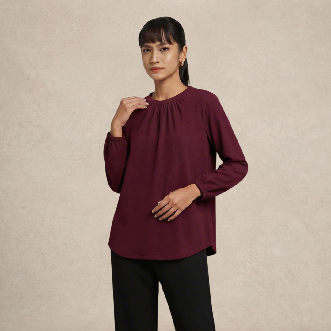 Long Sleeve Blouse with Gathered Neckline