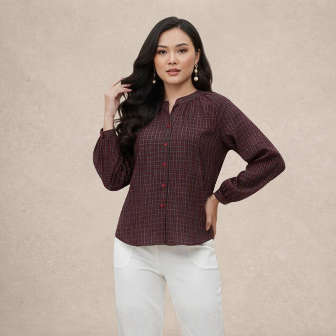 Checkered Puff Sleeve Blouse