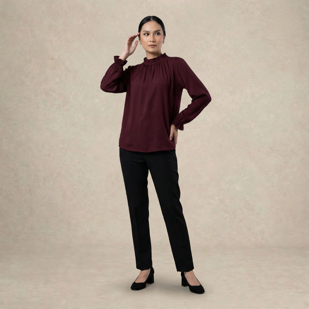 Long Sleeve Blouse with Ruffle Neckline