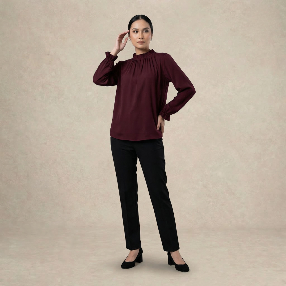 Long Sleeve Blouse with Ruffle Neckline