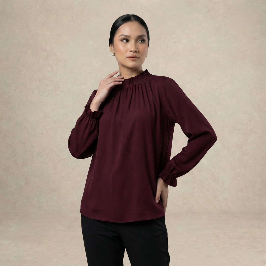 Long Sleeve Blouse with Ruffle Neckline