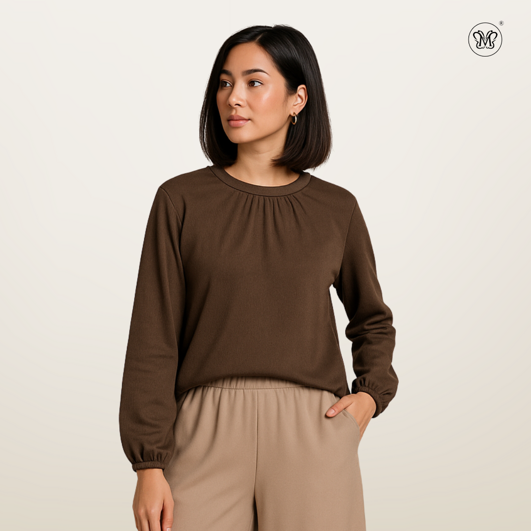 Long Sleeve Blouse with Gathered Neckline