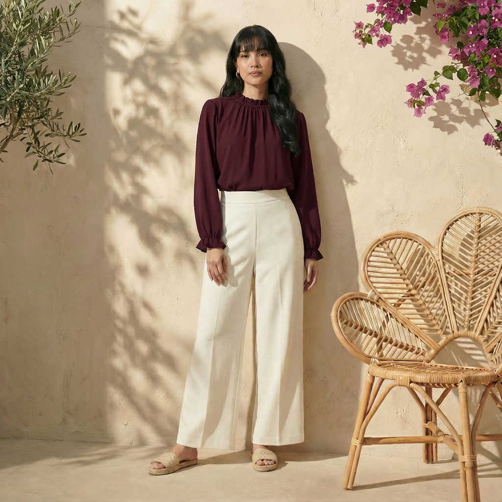 Long Sleeve Blouse with Ruffle Neckline