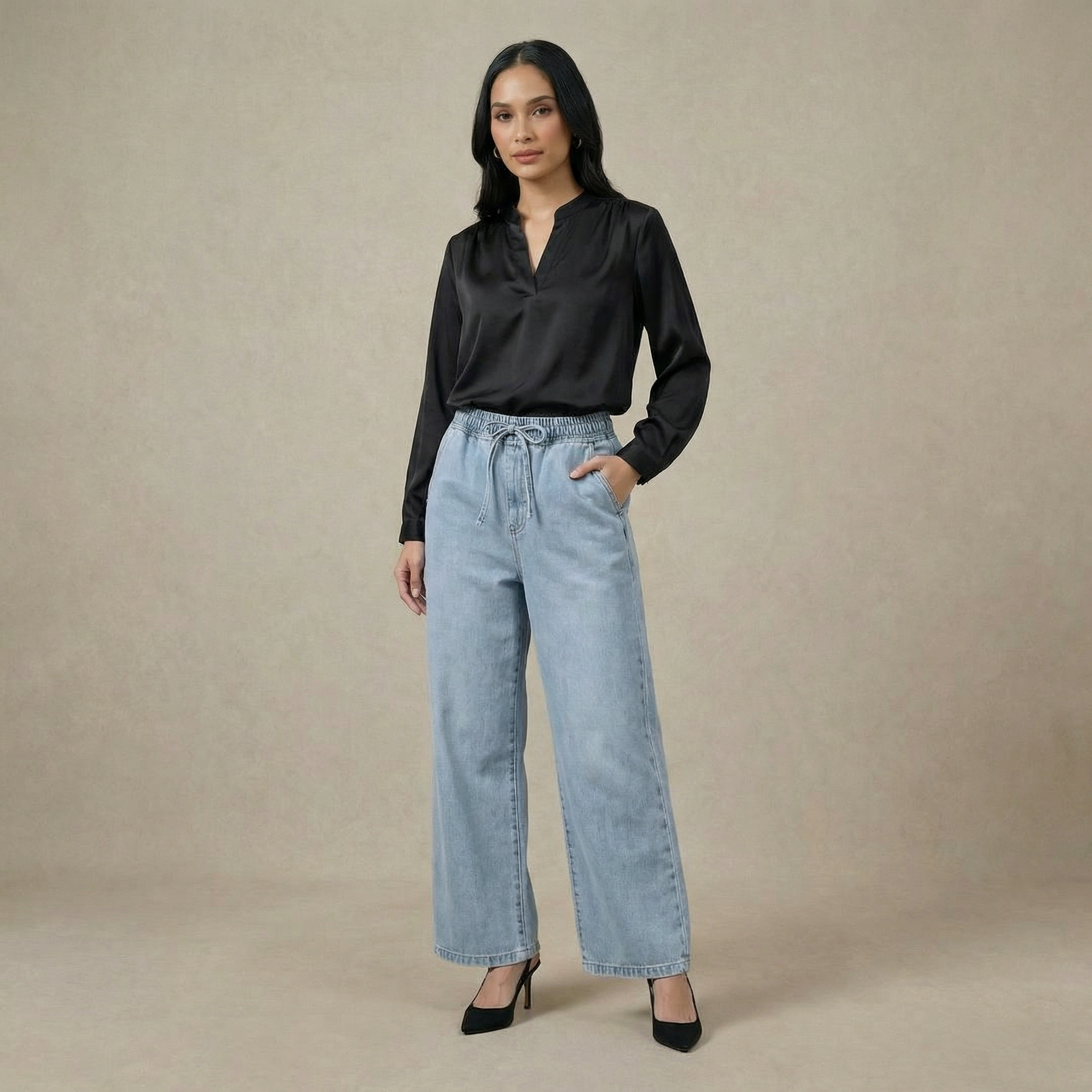 Ladies Denim Trousers with Drawstring