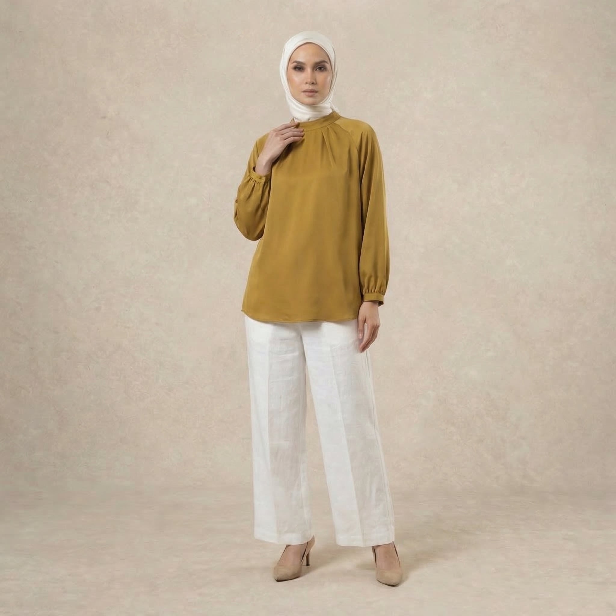 Mock Neck Pleated Blouse