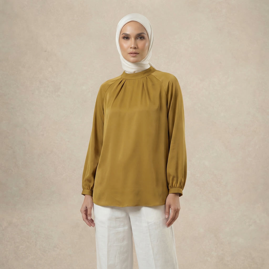 Mock Neck Pleated Blouse
