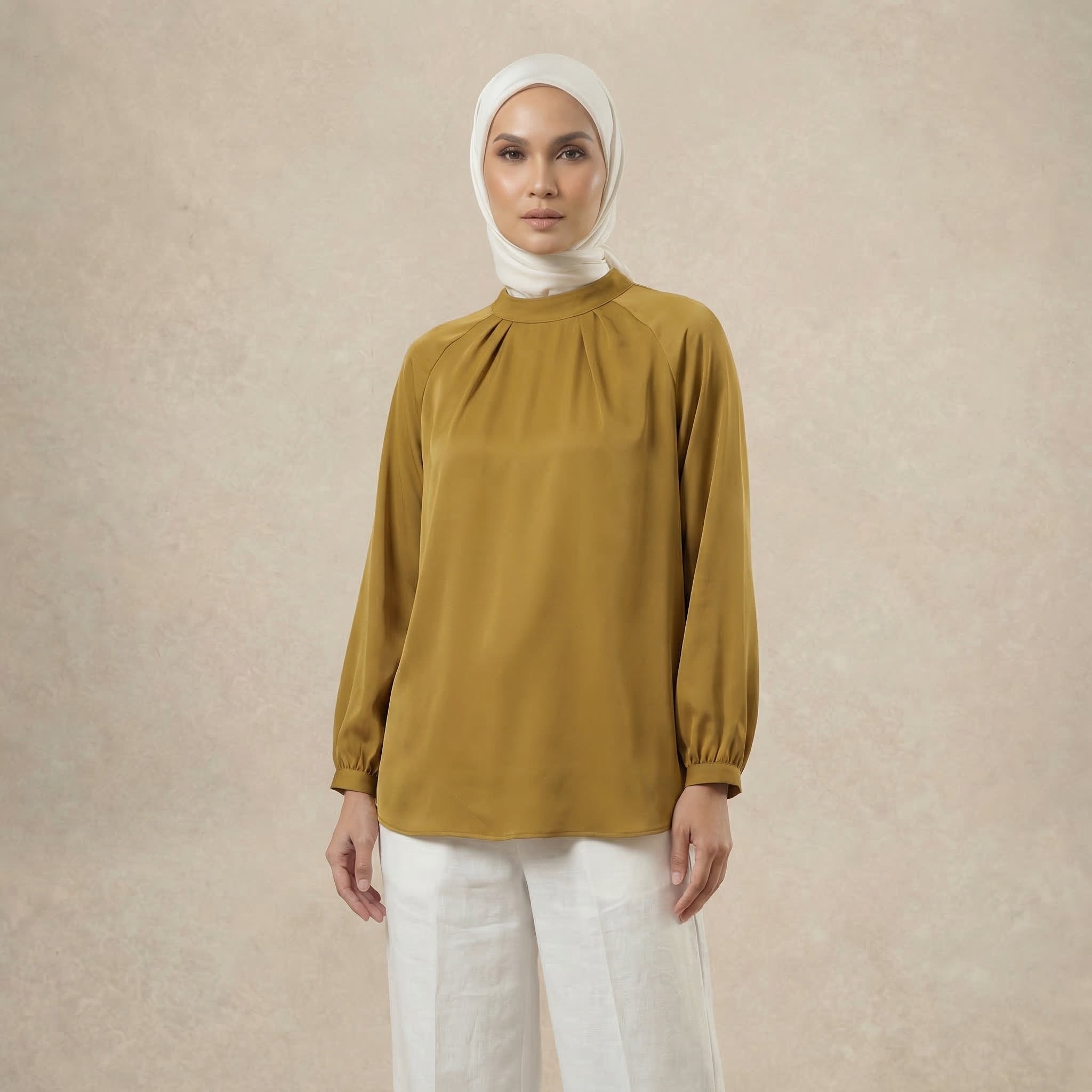 Mock Neck Pleated Blouse