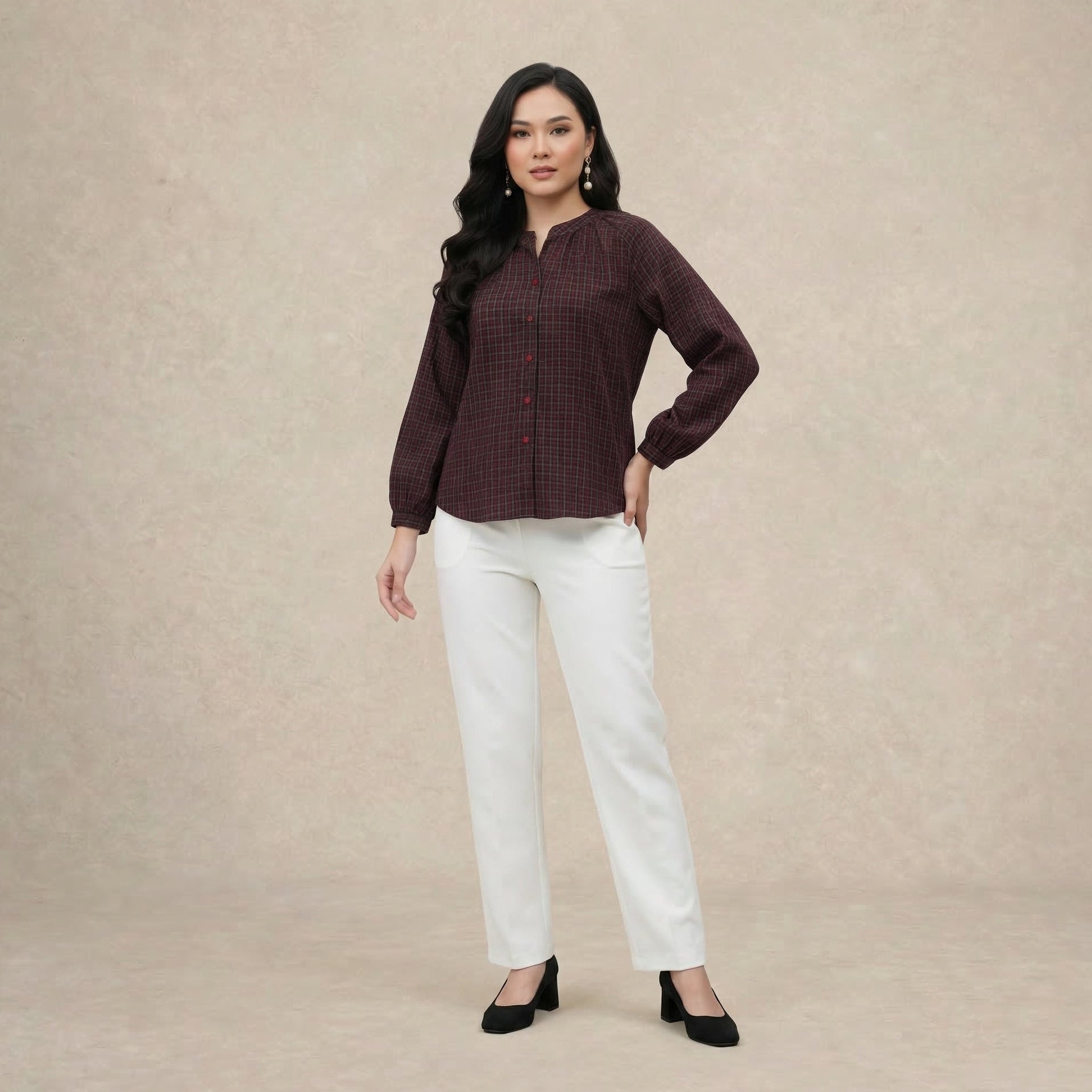 Checkered Puff Sleeve Blouse