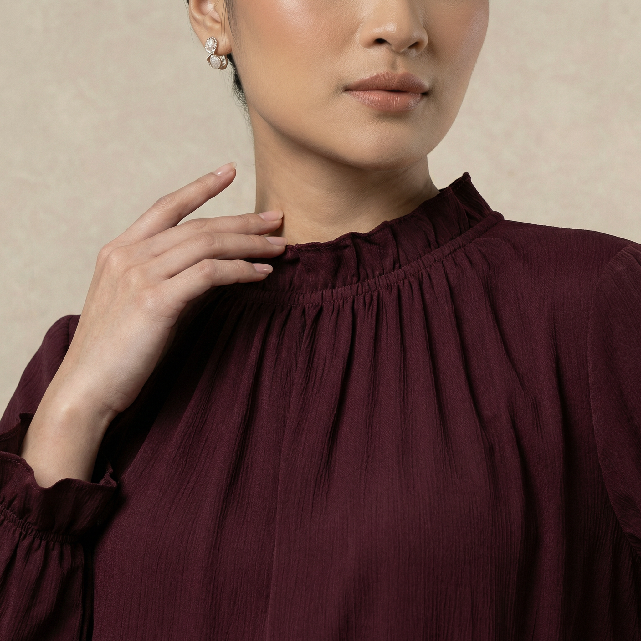 Long Sleeve Blouse with Ruffle Neckline