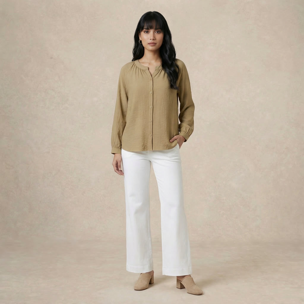 V-Slit Round Neck Blouse