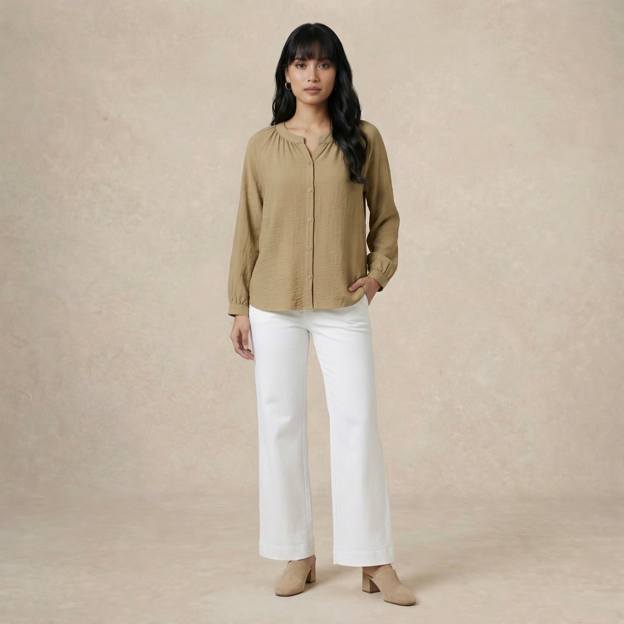 V-Slit Round Neck Blouse
