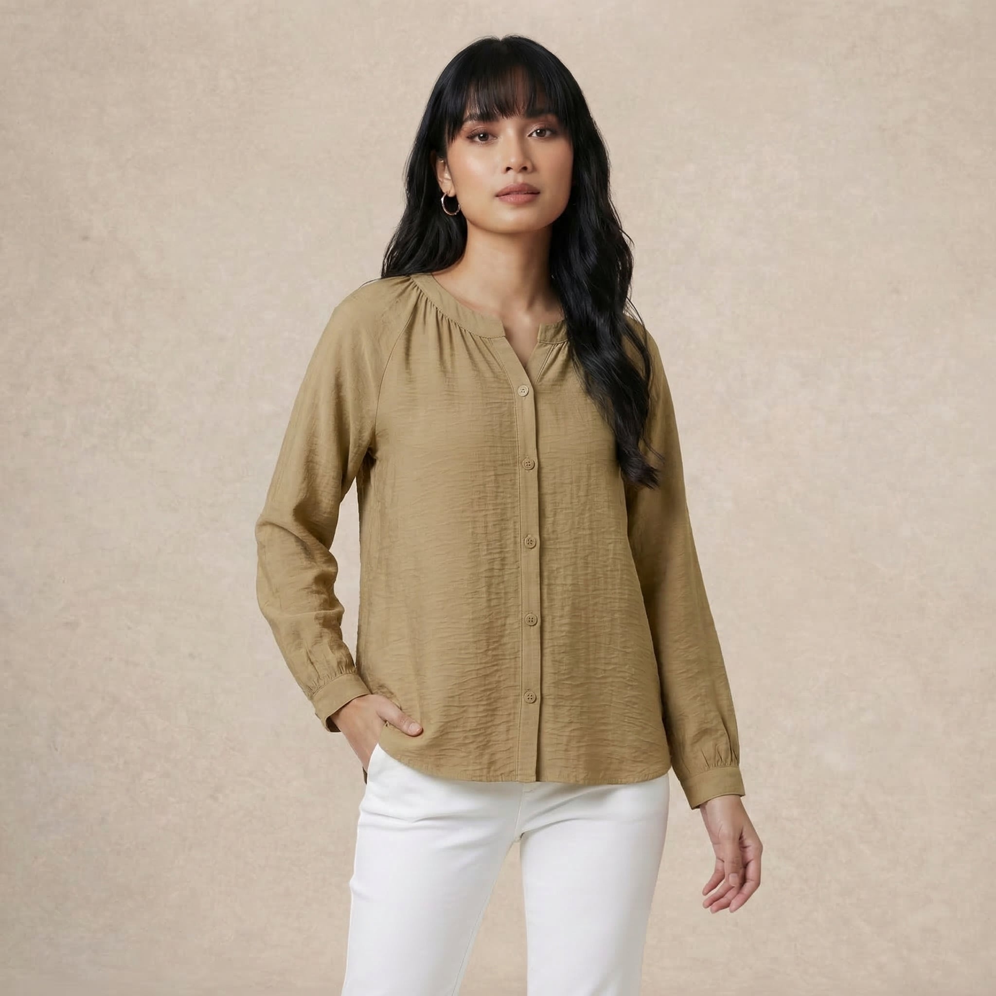 V-Slit Round Neck Blouse