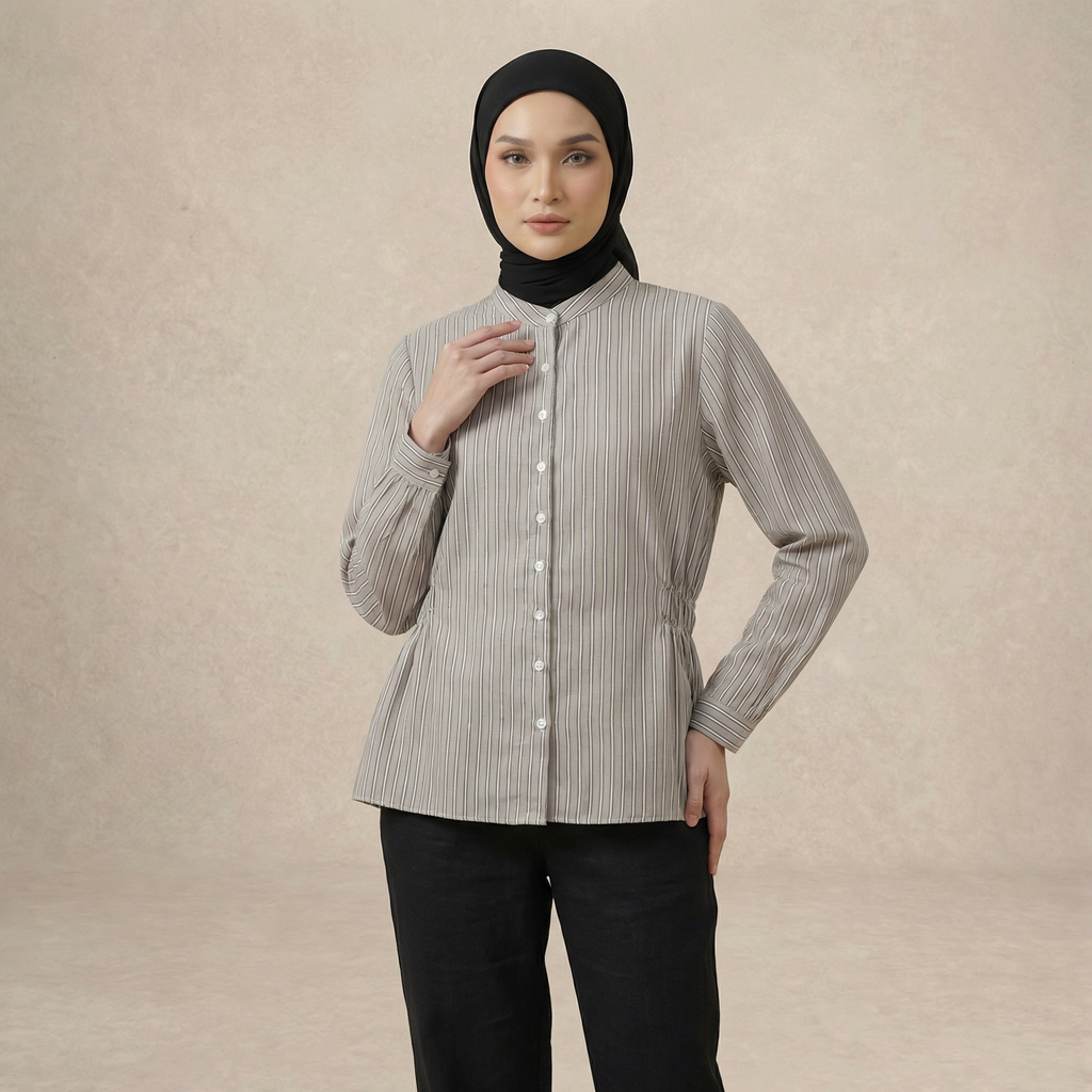 Stripe Waist Gathered Blouse