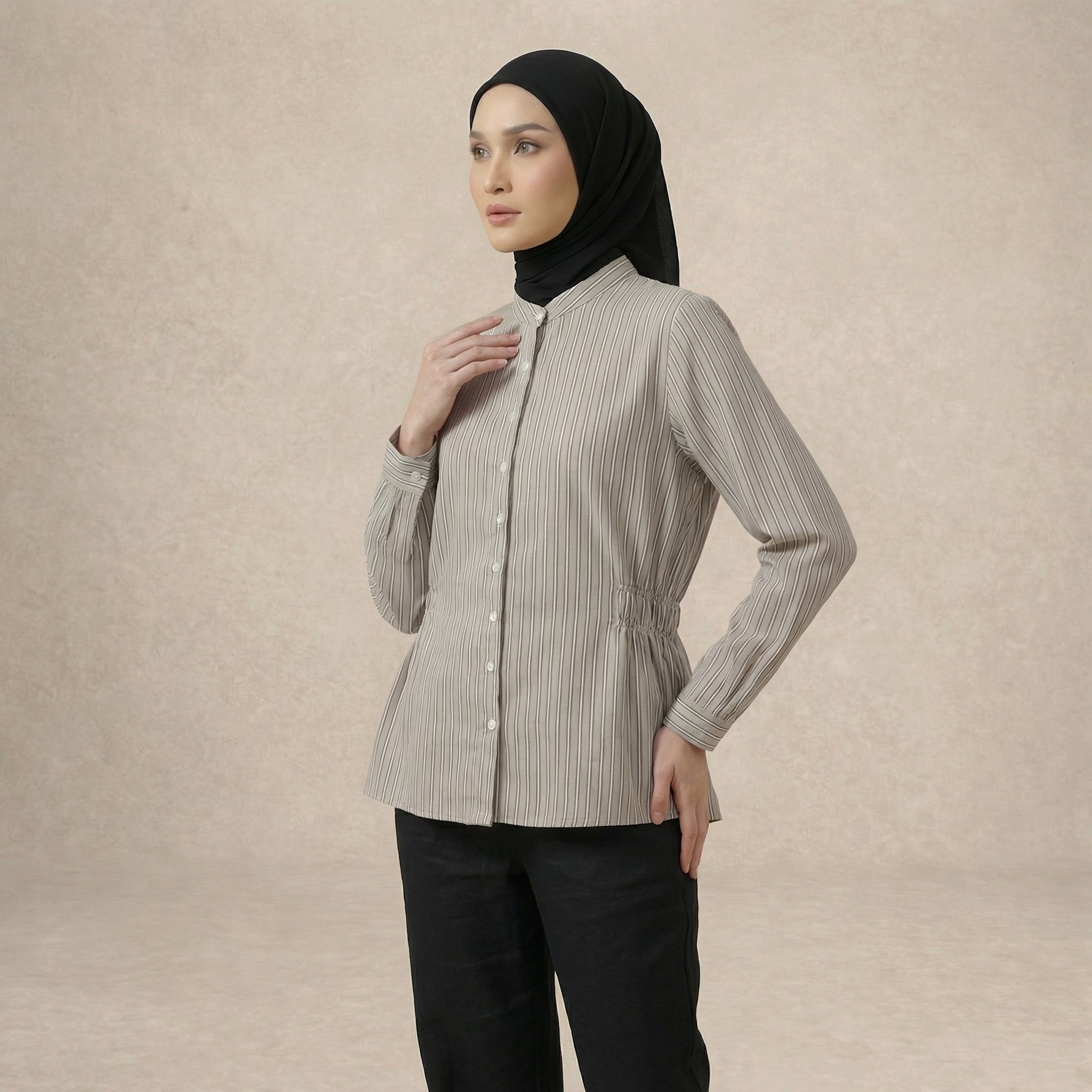 Stripe Waist Gathered Blouse
